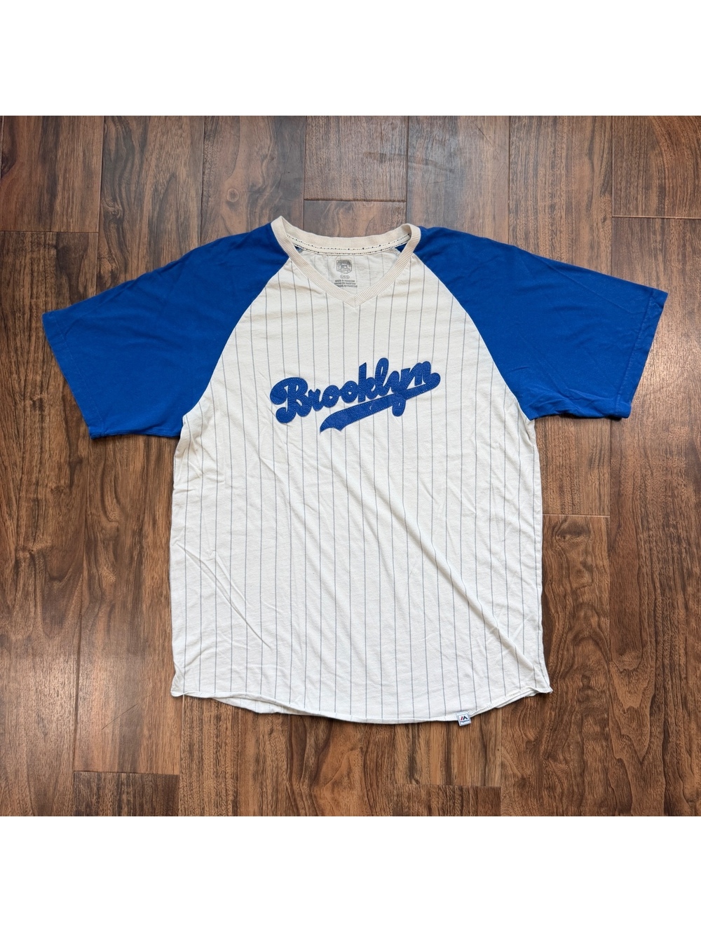Vintage Jackie Robinson Brooklyn Dodgers Pinstripe Shirt Large Blue MLB Majestic